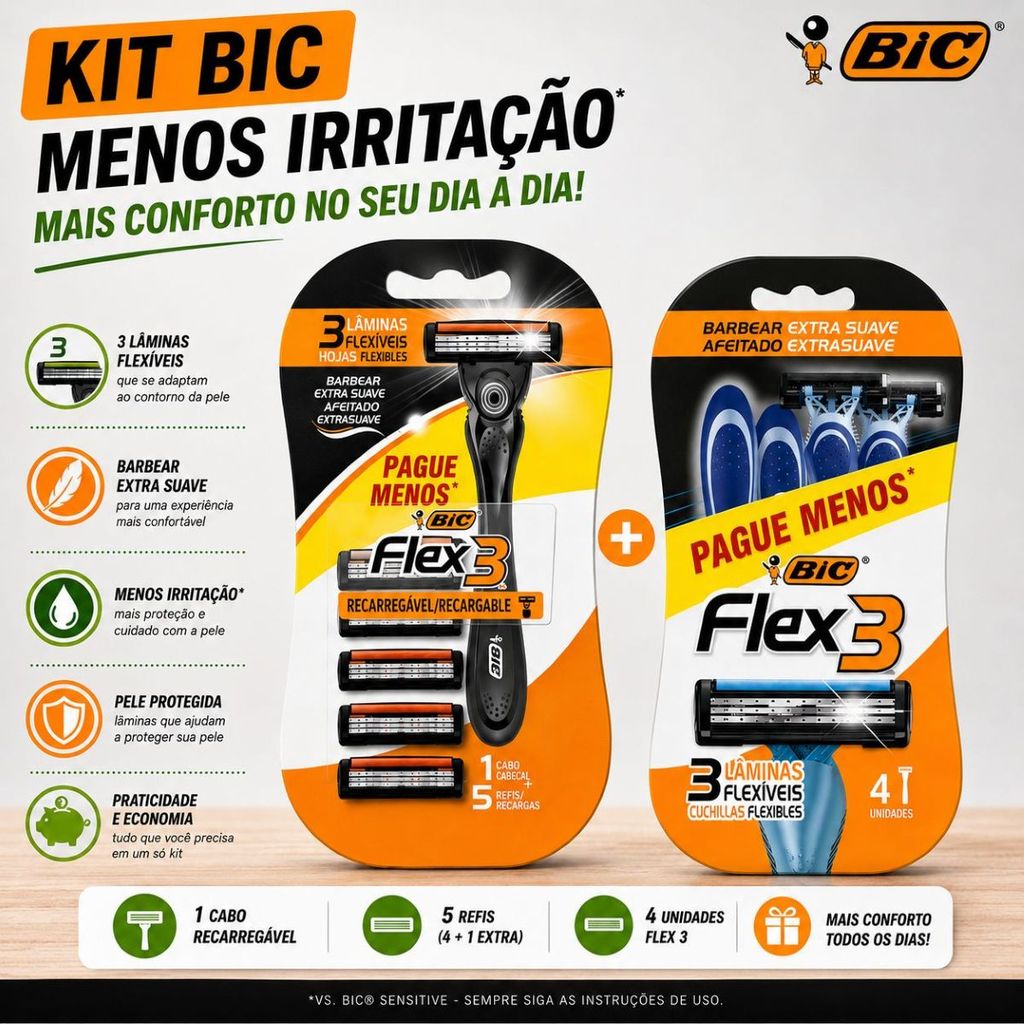 Kit Bic Flex3 Barbeador Recarregável + Flex3 Azul
