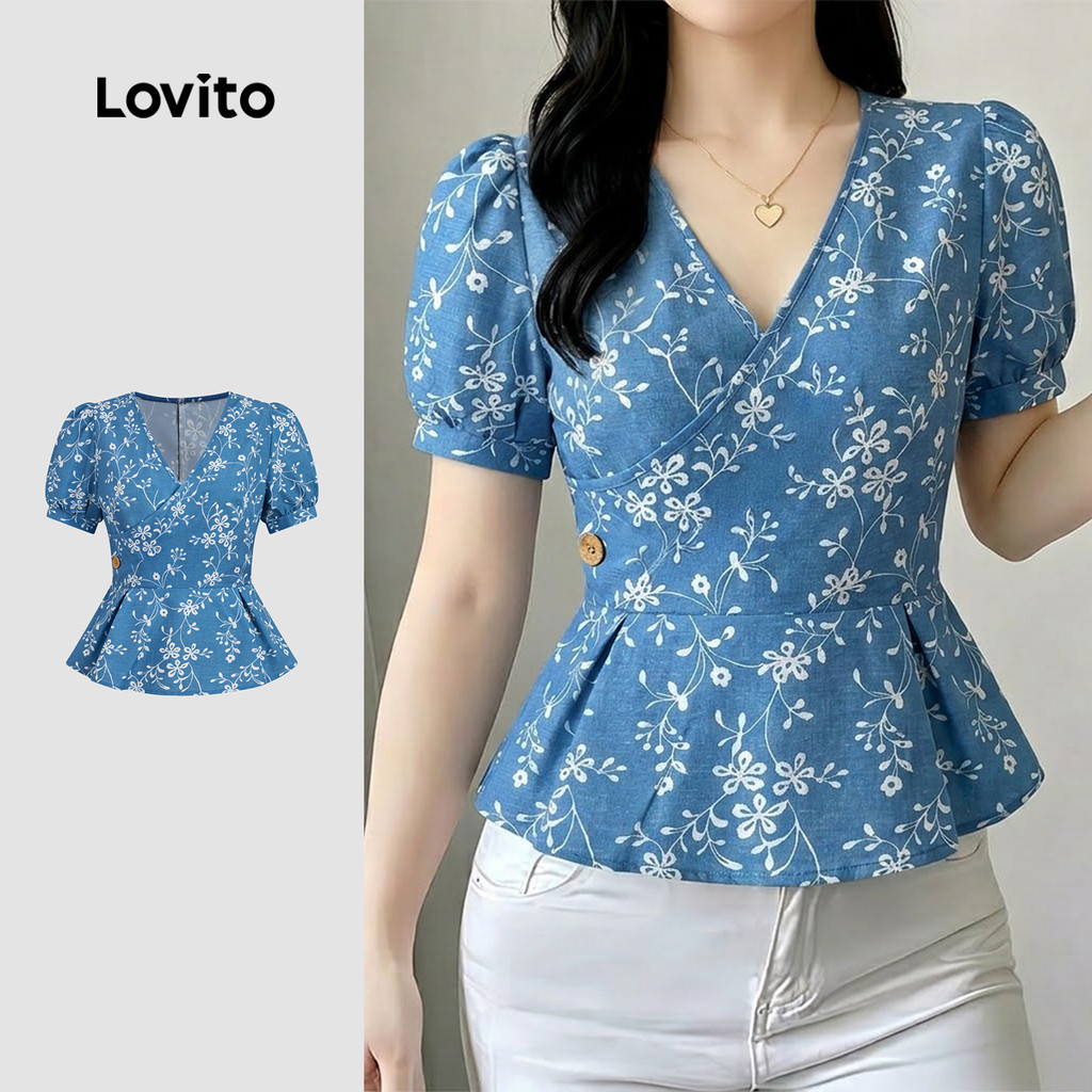 Lovito Elegante Blusa com Babados Fechamento de Botão Drapeada Blusa Verdepetróleo BLB198P1D276