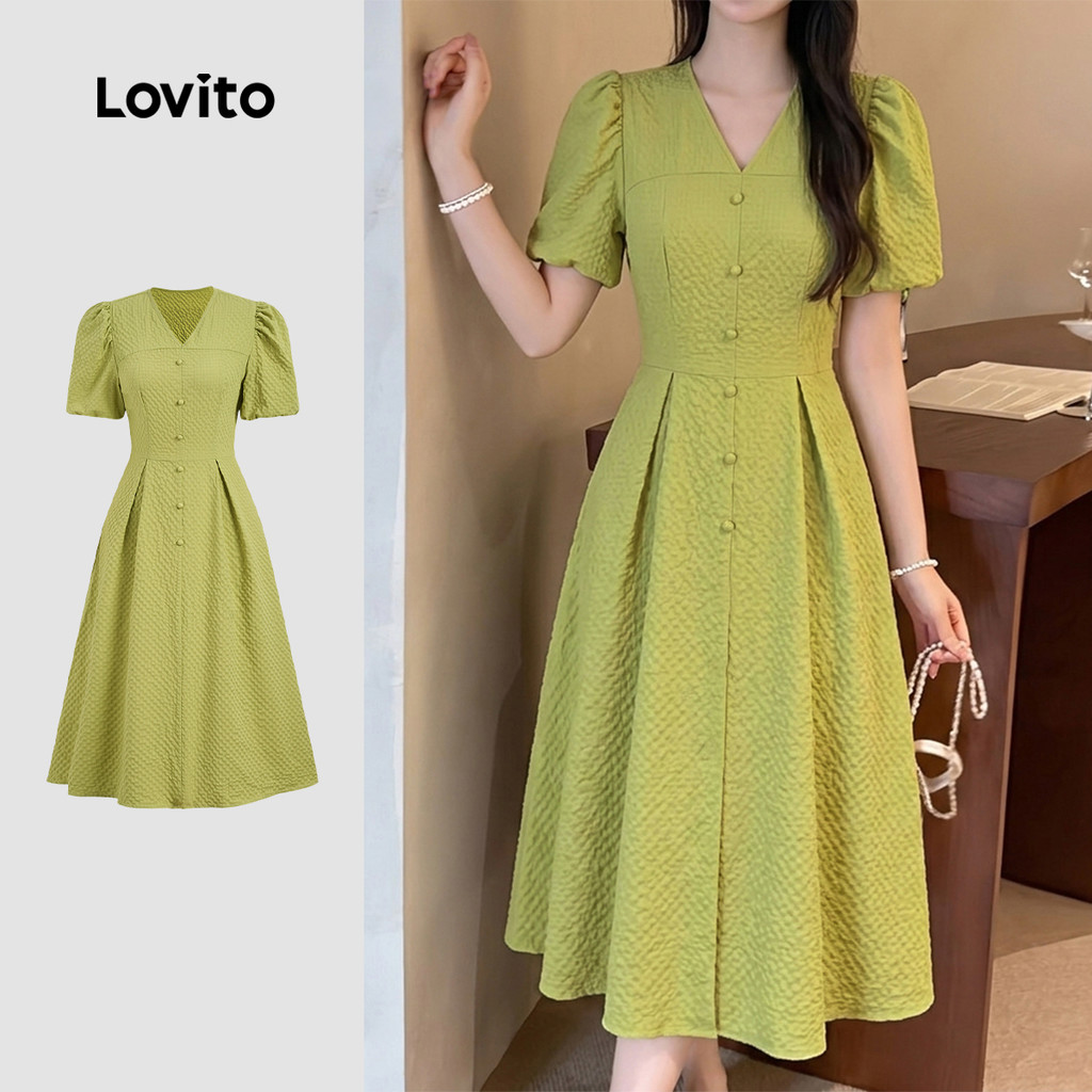 Lovito Vestido Casual Verde de Primavera/verão Plissado em Jacquard com Zíper para mulheres DRBR37BR199