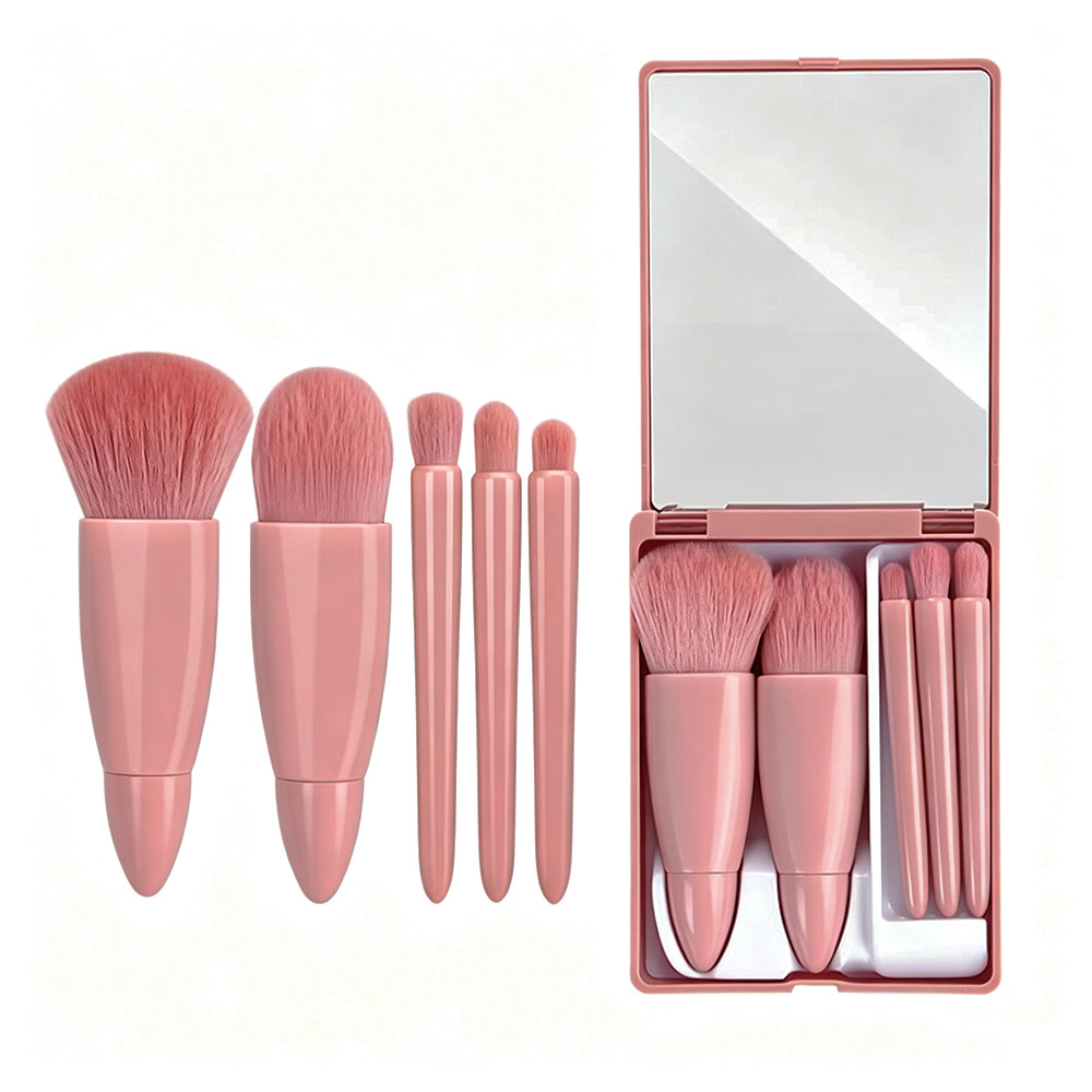 Conjunto 2 Kits Pincéis Maquiagem 5un Com Espelho Estojo Compacto