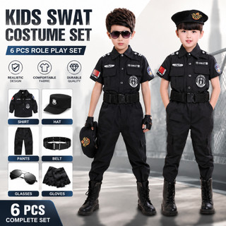 Conjunto de 6 peças para fantasia de policial infantil, uniforme de cosplay para meninos e meninas, com mangas compridas