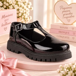 Sapato Infantil Menina Mary Jane Tratorado Preto Salomé Verniz Confortável Social Festa FORMA GRANDE