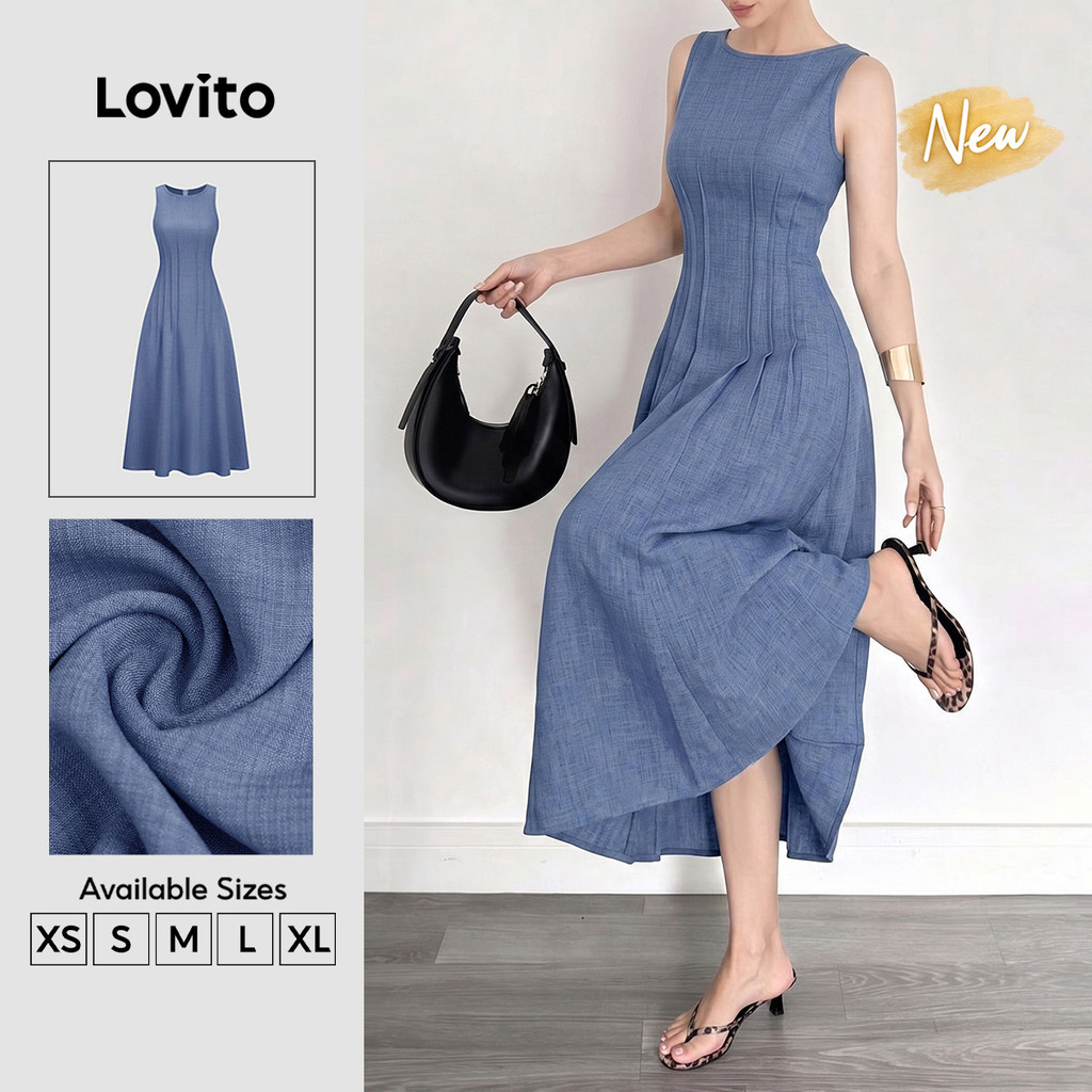 (New Arrival) Lovito Casual Vestido Longo Azul Drapeado Pregos Primavera Verão Fim De Semana Para Mulheres DRB204P1D259