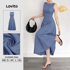 (New Arrival) Lovito Casual Vestido Longo Azul Drapeado Pregos Primavera Verão Fim De Semana Para Mulheres DRB204P1D259