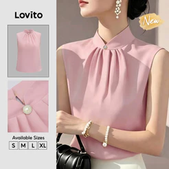 (New Arrival) Lovito Blusa Rosa Feminina Sem Mangas Gola Alta botões Gota d'água Casual Lazer/trabalho primavera/verão BLB39BR340