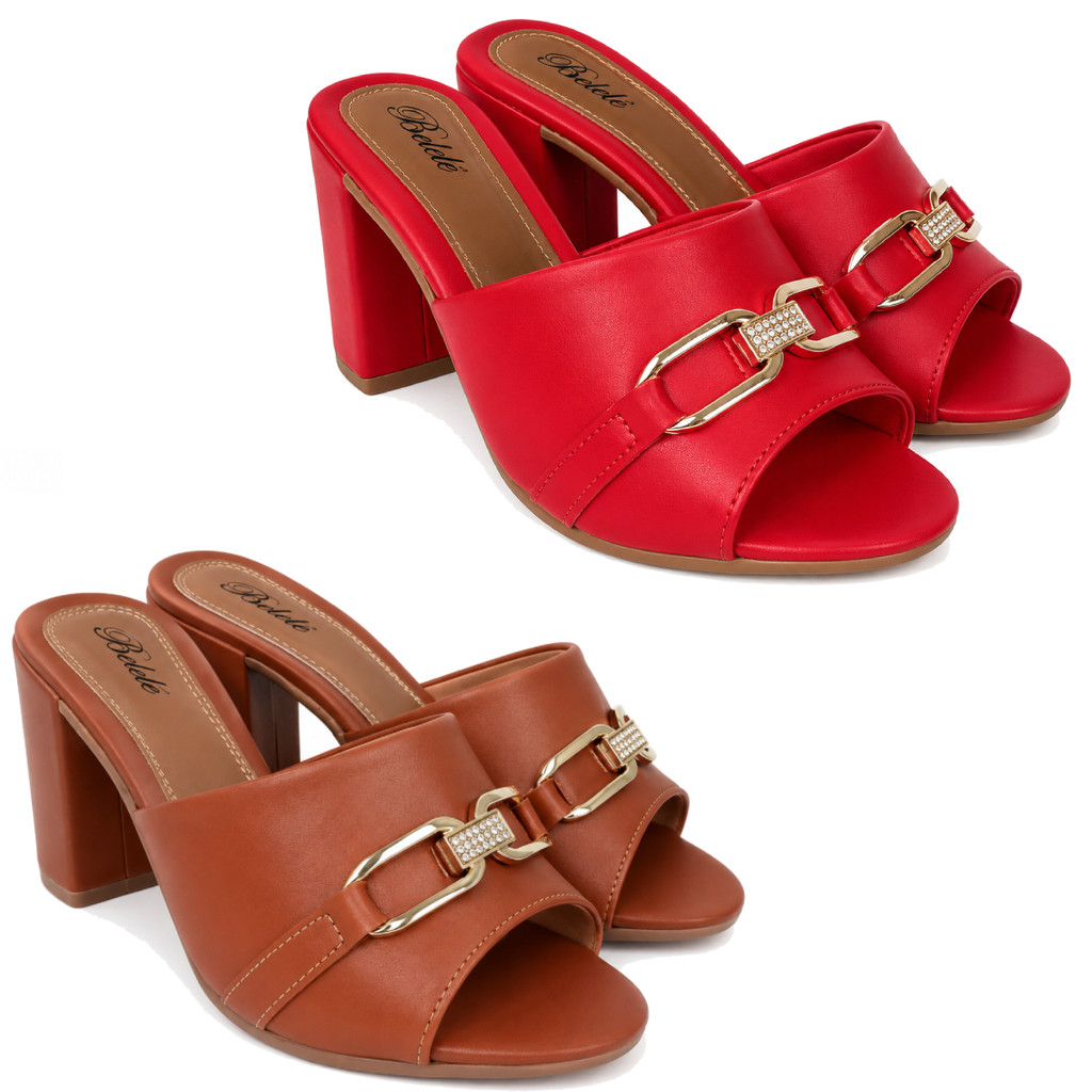 Kit 2 Tamanco Feminino Belelê Fivela Sandália Confortável Salto Alto Elegante Caramelo e Vermelho