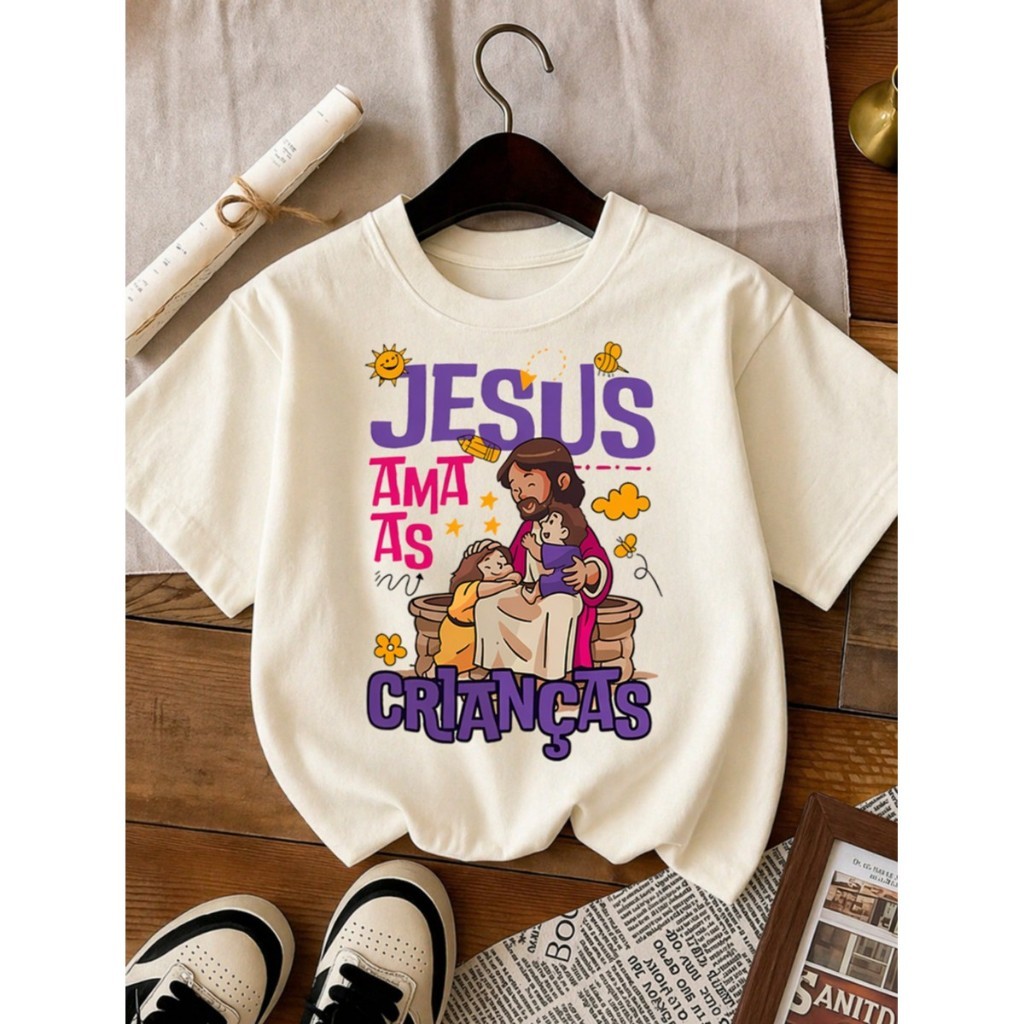 Camiseta Infantil Religiosa Jesus Ama as Crianças Estampa Cristã Unissex Algodão Confortável Gospel