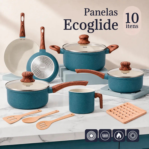 Jogo De Panelas 10 Peças Antiaderente Cerâmica Pfoa Free 2mm Cabos Soft Touch 3 Camadas Indução ppg pro Ecoglide