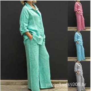 Mulheres Outono Linho Lapela Camisa Set Duas Peças Vintage Solid Manga Longa Botão Blusa e Calças Ternos Soltos Ternos C