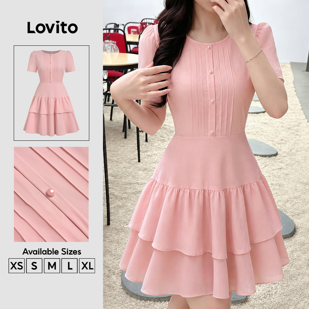 Lovito Vestido Casual Feminino Rosa com Babado e Botões Frontais primavera/verão DRK8P1D042
