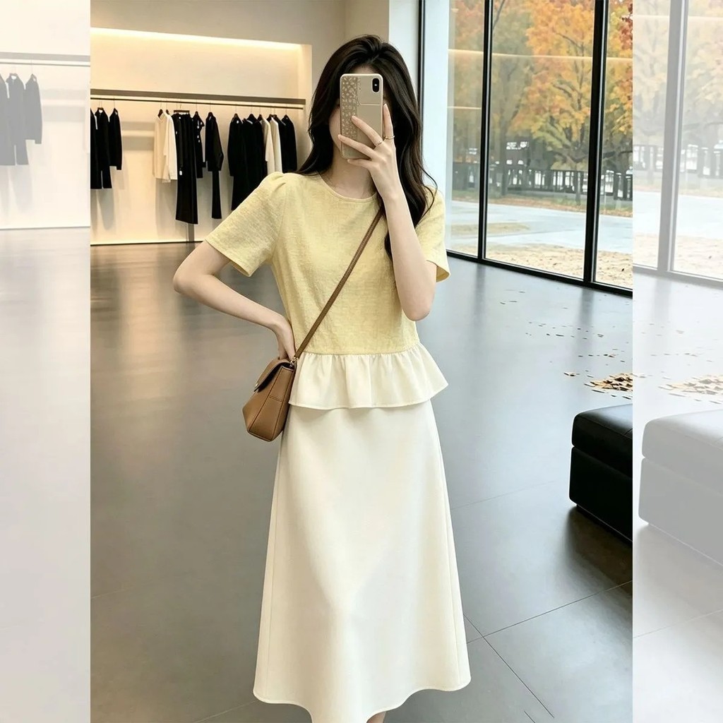Verão novo estilo suave amarelo costura renda mais magro olhar elegante camiseta de manga curta saia superior dois @