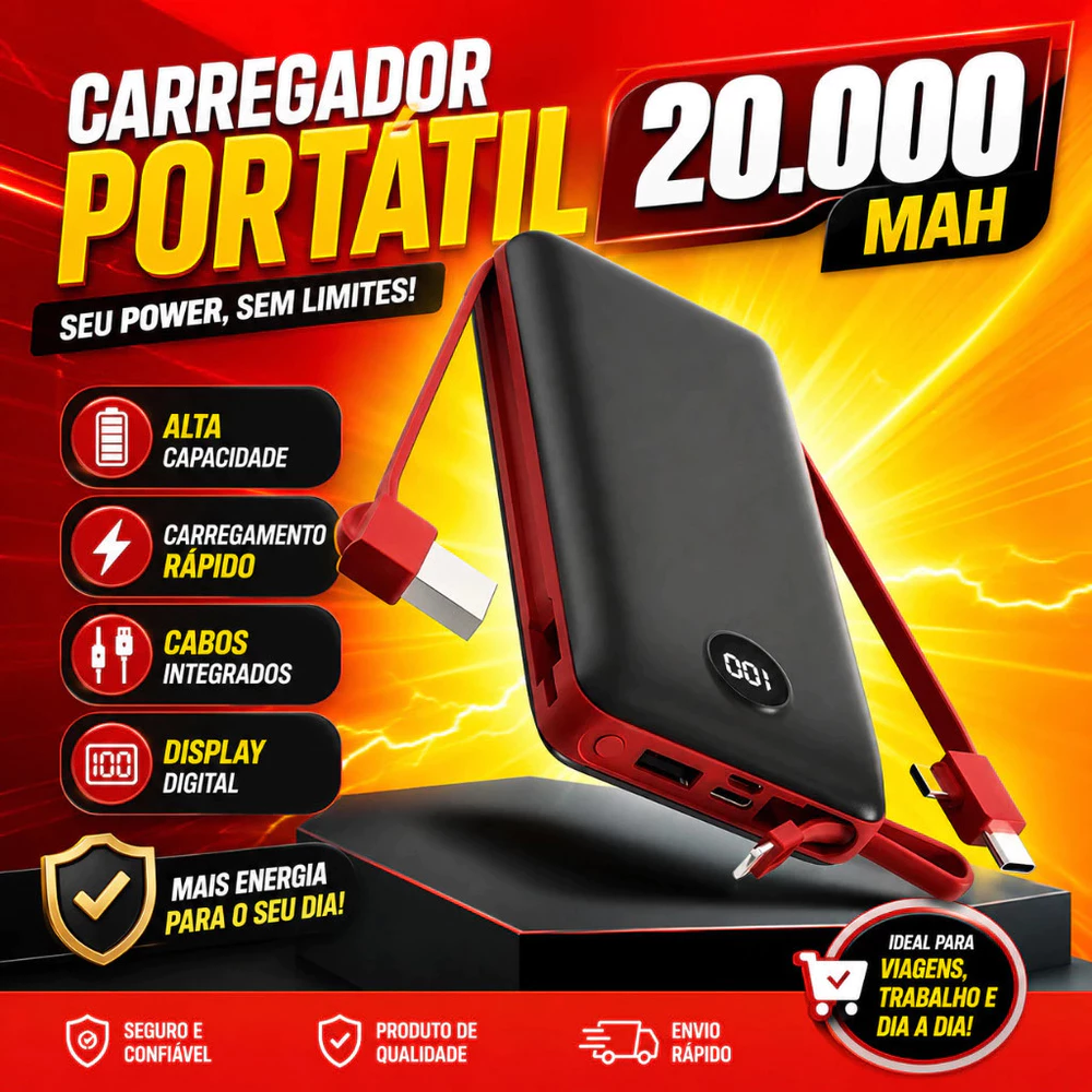 Power Bank Carregador Portátil 20.000mAh Digital compatível com iPhone e Samsung