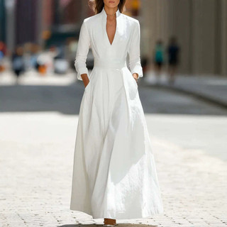 2026maxV colarinho vestido feminino cinto largo cintura estreita manga comprida saia longa elegante Commuter grande bala