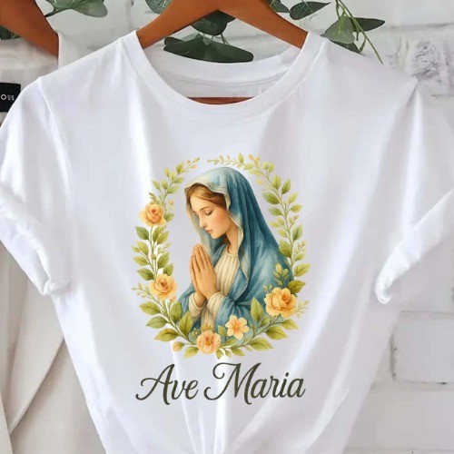 Camiseta Blusa Feminina Oversized Ave-Maria Estampada Cristã Católica Fé 100% Algodão Moda Religiosa