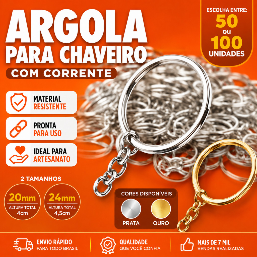 Argola Para Chaveiro Com Corrente - Tamanhos: 20mm / 24mm  - Pacote Com 50 / 100 Unidades - Nybc