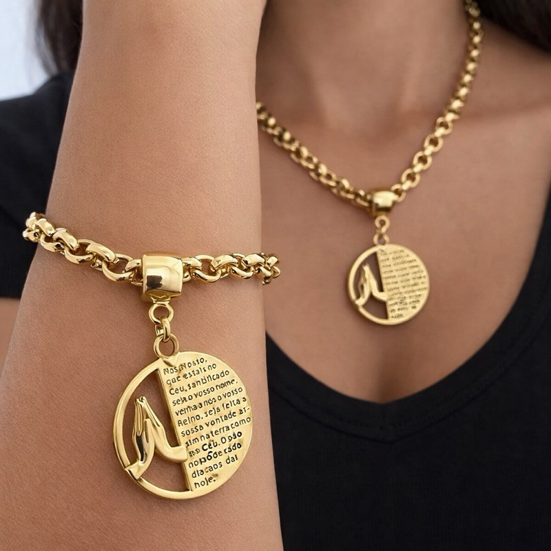 Conjunto com o Colar e Pulseira Oração do Pai Nosso folheado Acessório