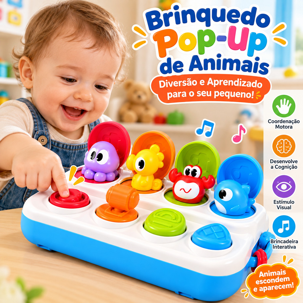Brinquedo Infantil Pop-Up Animais Interativo Montessori Educativo Coordenação Motora para Bebês e Crianças