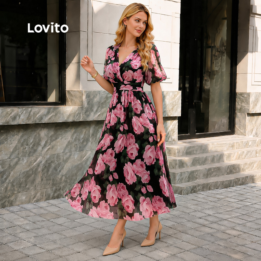 (Elegante) Lovito Vestido com Plissado Primavera/verão para Mulheres LBL27065