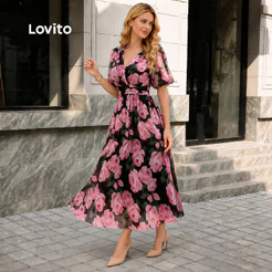 (Elegante) Lovito Vestido com Plissado Primavera/verão para Mulheres LBL27065