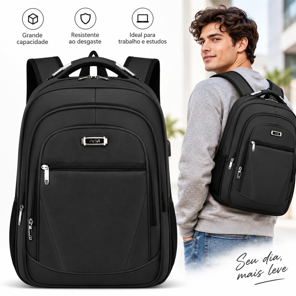 Mochila notebook masculina tecido poliéster resistente duravel impermeavel costura reforçada uso diario trabalho