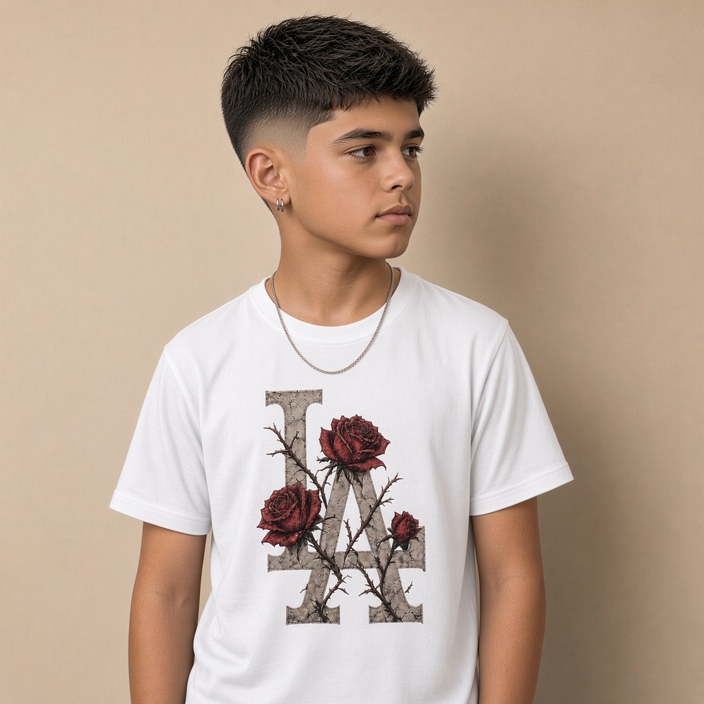 Camiseta Infantil e Jovem Estampada L.A Rosas Vermelhas 100% Algodão Premium Criança Personalizada Unissex Blusa