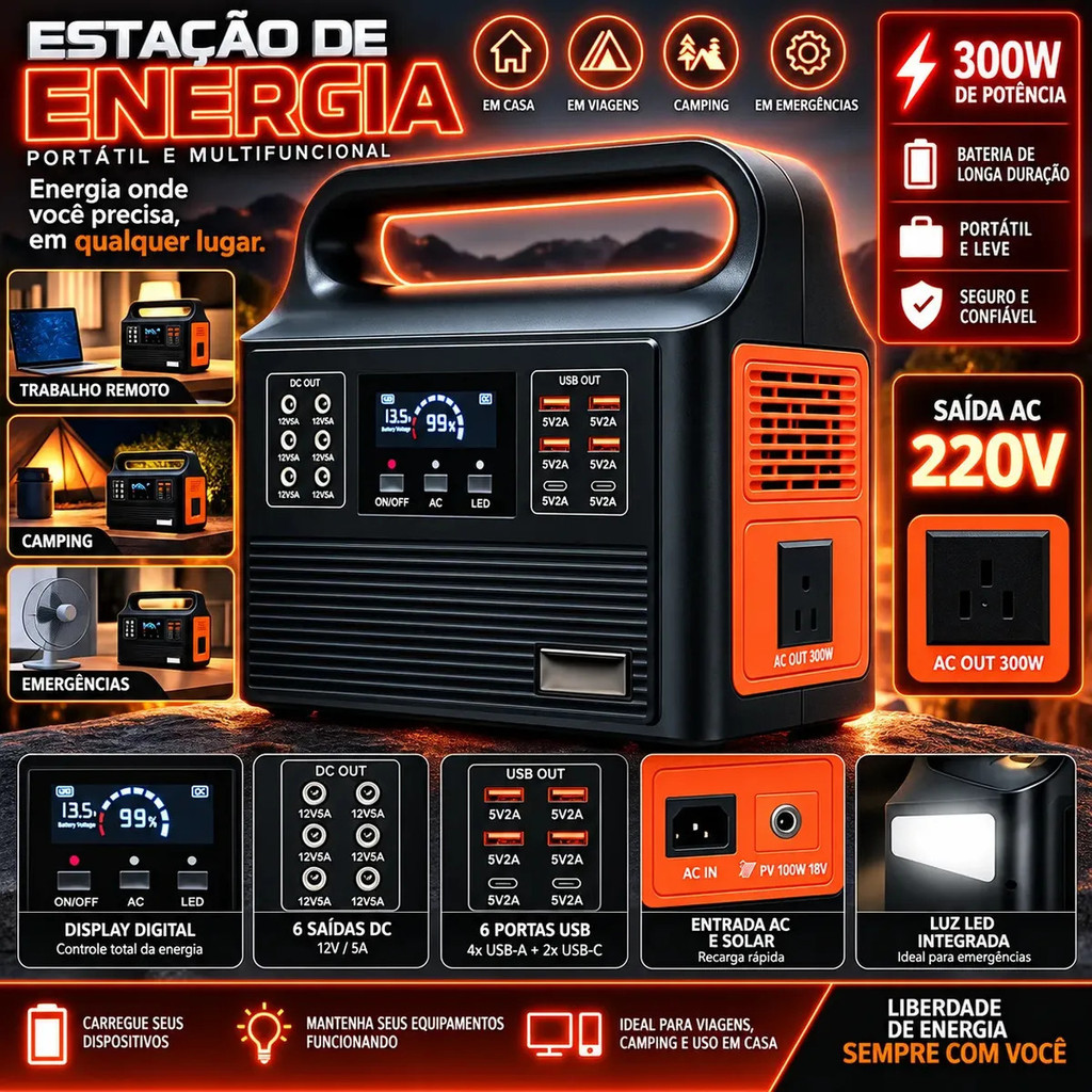 Estação de Energia Portátil 300W 13 Portas 220V Gerador Solar Power Station Camping Emergência Bateria Recarregável