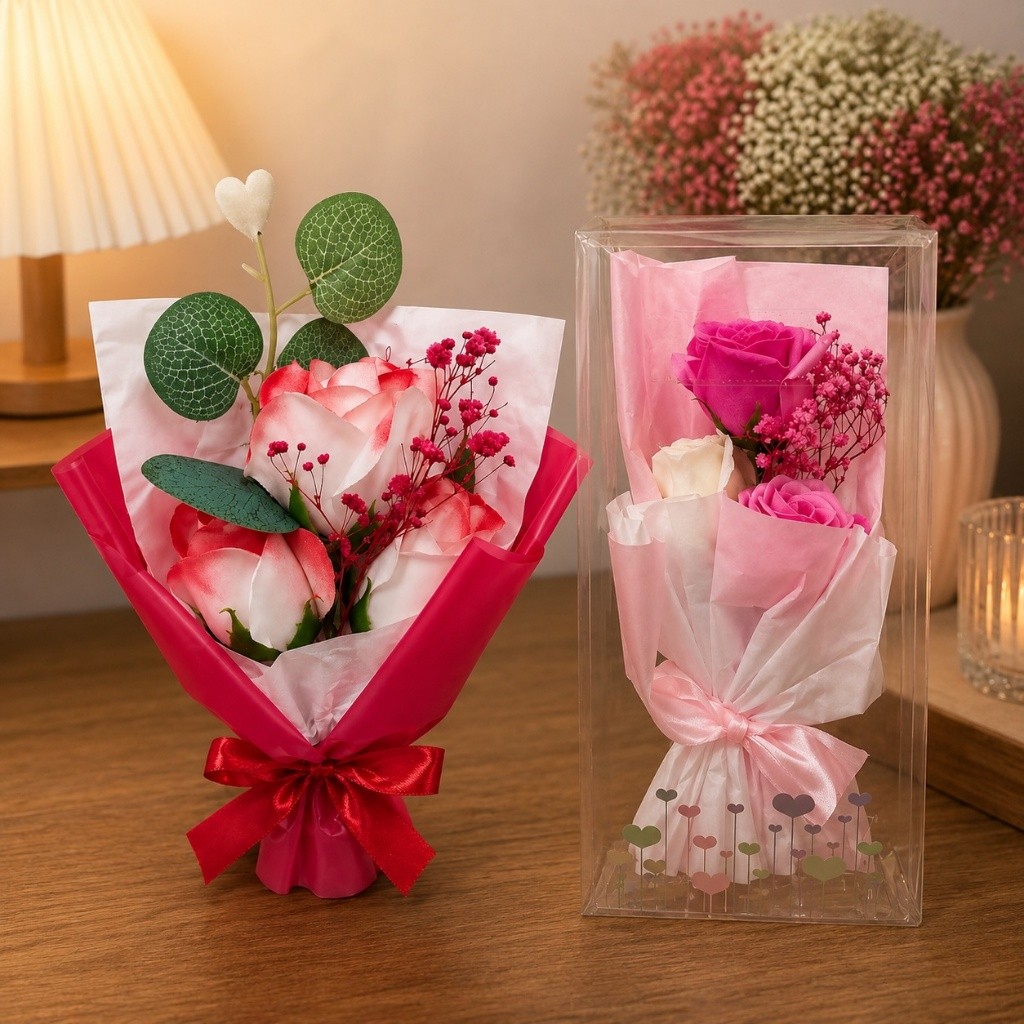 Buquê Decorativo Rosa Artificial Caixa Flor Vaso Presente Dia dos Namorados Enfeite