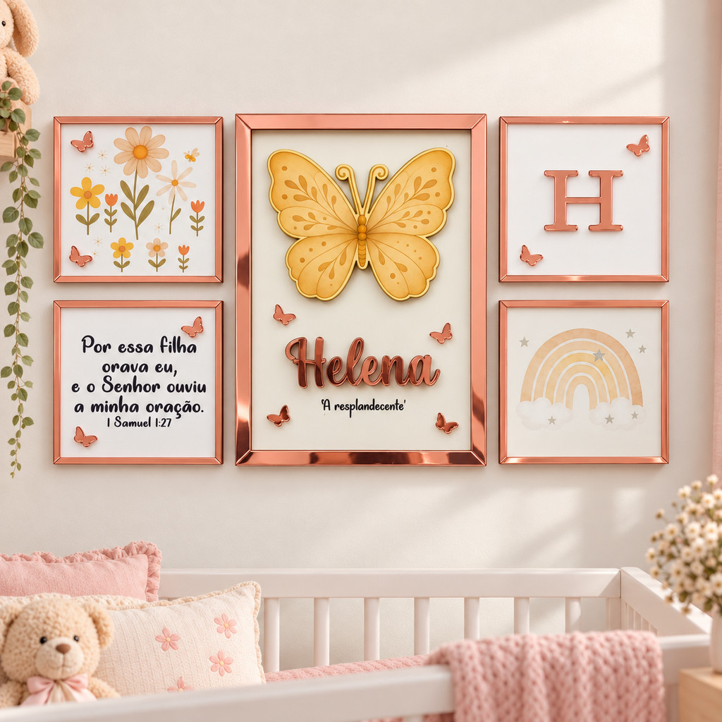 Kit 5 Quadros Decorativos Tema Borboleta com Nome e Versículo - Decoração Quarto Bebê Menina