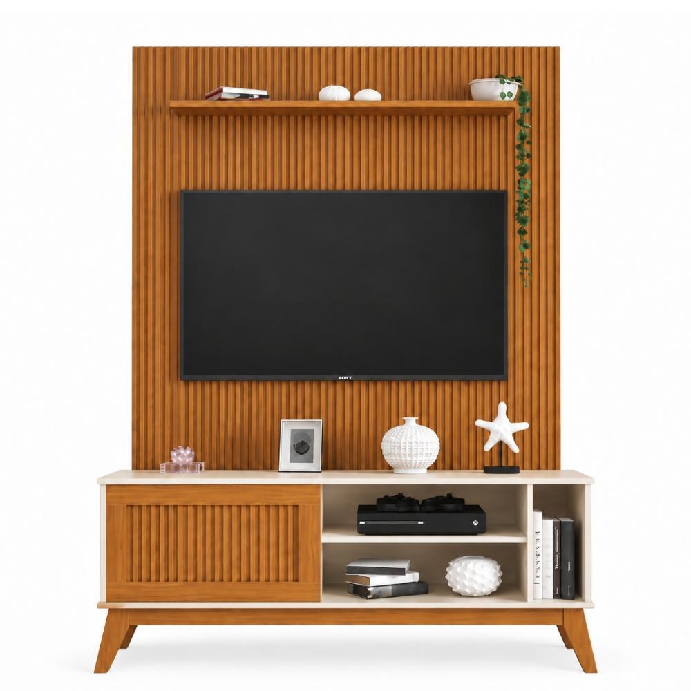 Rack Bancada Aruba Com Painel Para TV Até 55 Polegadas 1,35m Egeo Cedro/Off White Ripado Impressão 3D EDN