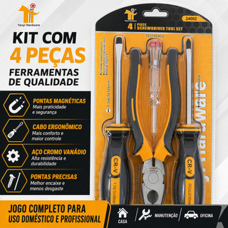 Kit Ferramentas Básico 4 em 1 Alicate Universal, Chave Fenda e Phillips, Caneta Teste Elétrica para Reparos Domésticos