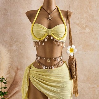 Maiô feminino dividido para férias na praia, terno elegante de três peças