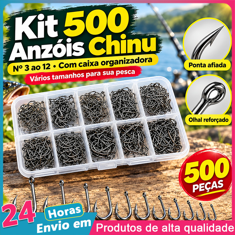 Kit 500 Anzóis Chinu Nº 3 ao 12 com Caixa Organizadora para Pesca