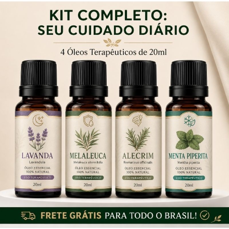 Kit 4 Óleos Vegetal 20ml Lavanda, Melaleuca, Alecrim, Menta Piperita 100% Natural Aromaterapia