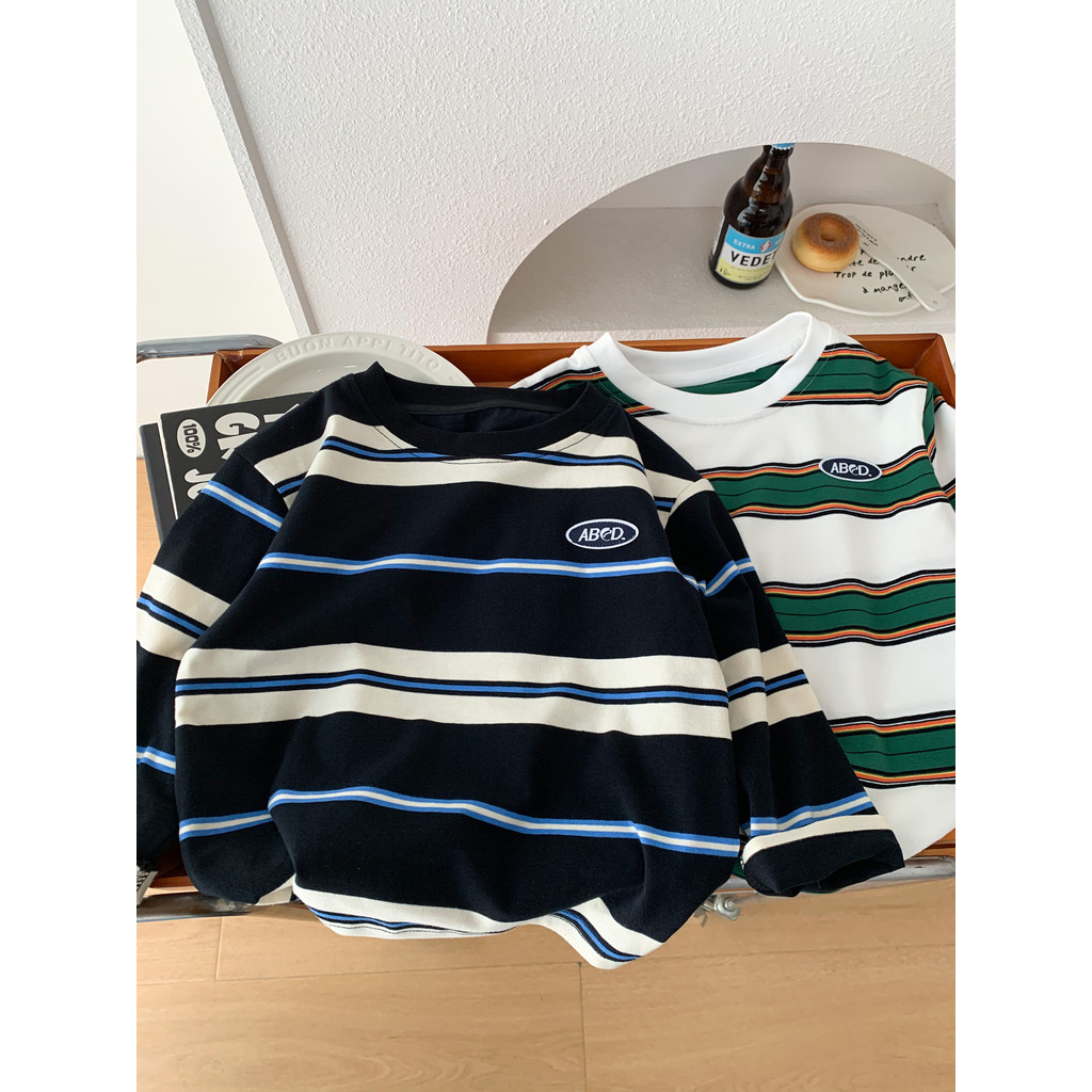 Meninos primavera outono listrado manga comprida camiseta 2026 novo estilo crianças solto em torno do pescoço pulôver ou