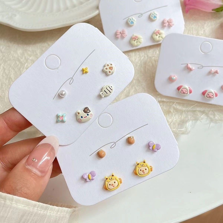 3 pares conjunto versão coreana pequeno fresco dos desenhos animados bonito Animal brincos feminino único pequenos brinc