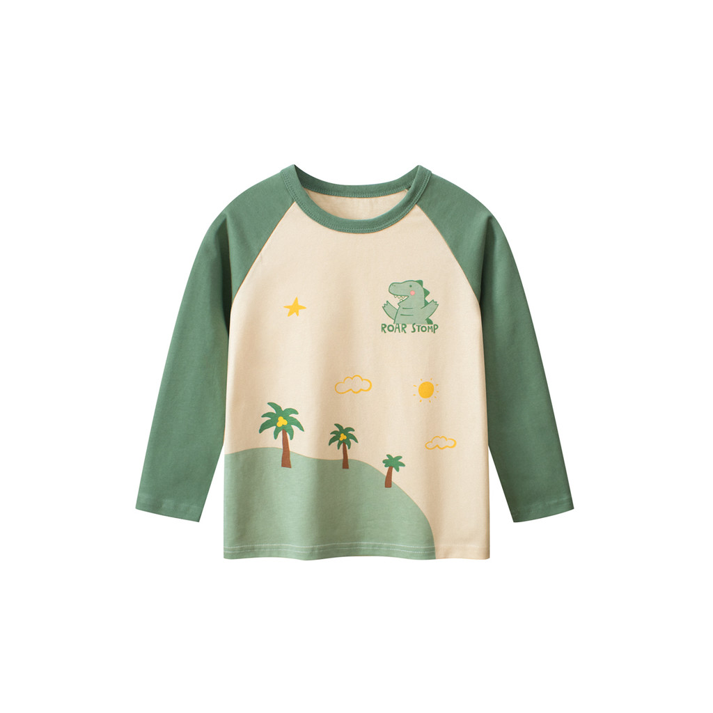 27 crianças roupas infantis de manga comprida camiseta infantil outono em torno do pescoço camisa de fundo dinossauro do