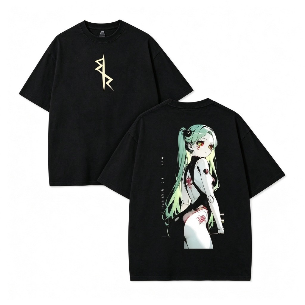 Camiseta Unissex Premium de Algodão Preta Oversize Estampa Anime Cyberpunk Para Uso Casual Passeios E Eventos Otaku