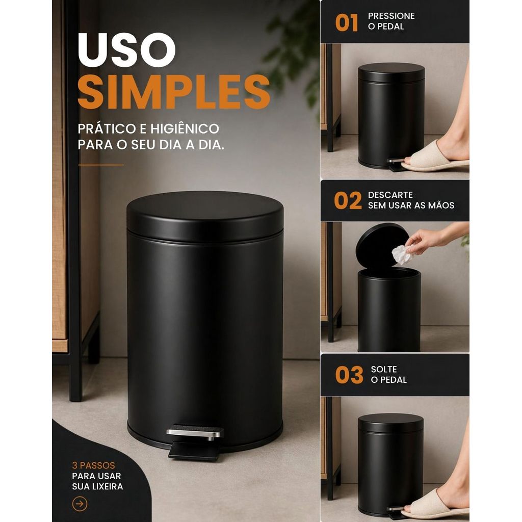 Lixeira Metálica Preta com Pedal – 3L — imagem 2 de 2