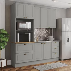 Cozinha Compacta 3 Peças 100% MDF com Torre Quente 2 Fornos Americana Cinza Cinza