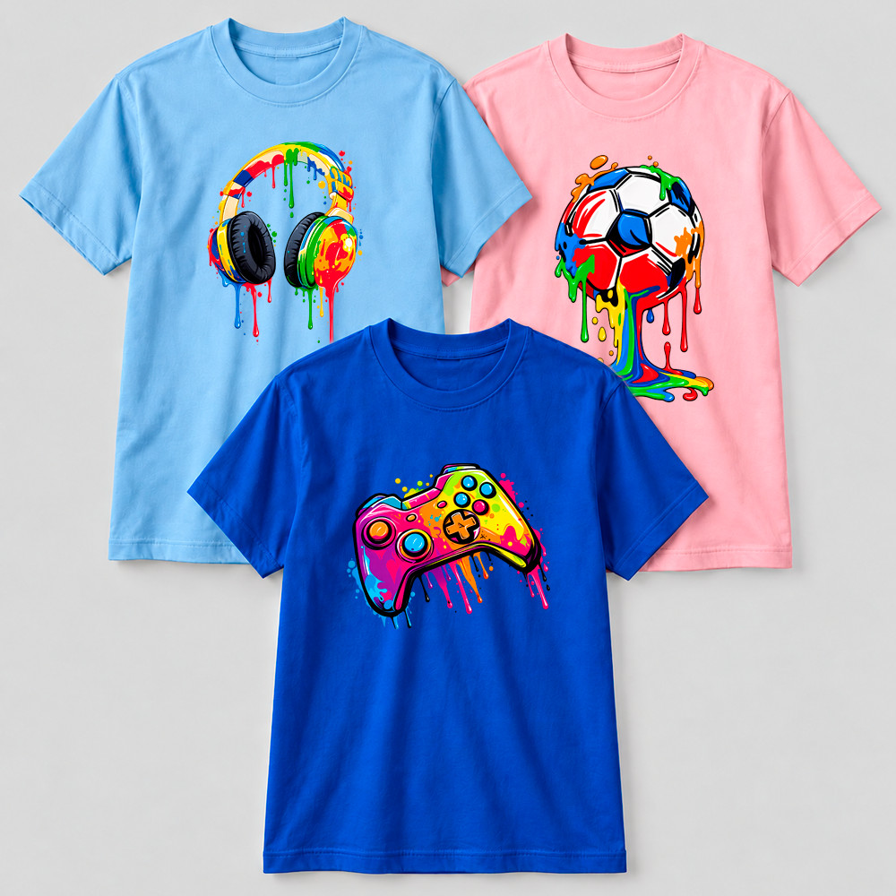 Kit 3 Camisetas Infantil Unissex Estampadas Controle Fone Bola Coloridos Malha Premium