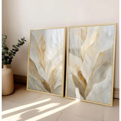 Quadro Decorativo Sala Grande Com Moldura Quadro Abstrato Para Sala Dourado Bege Folhagem Duo