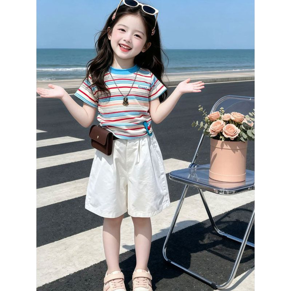 Meninas terno estilo coreano 2026 verão crianças bebê moda azul listrado malha de manga curta camiseta Shorts casuais