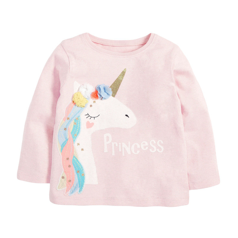 Bonito dos desenhos animados rosa menina unicórnio manga longa camiseta algodão macio Casual princesa rendas crianças to