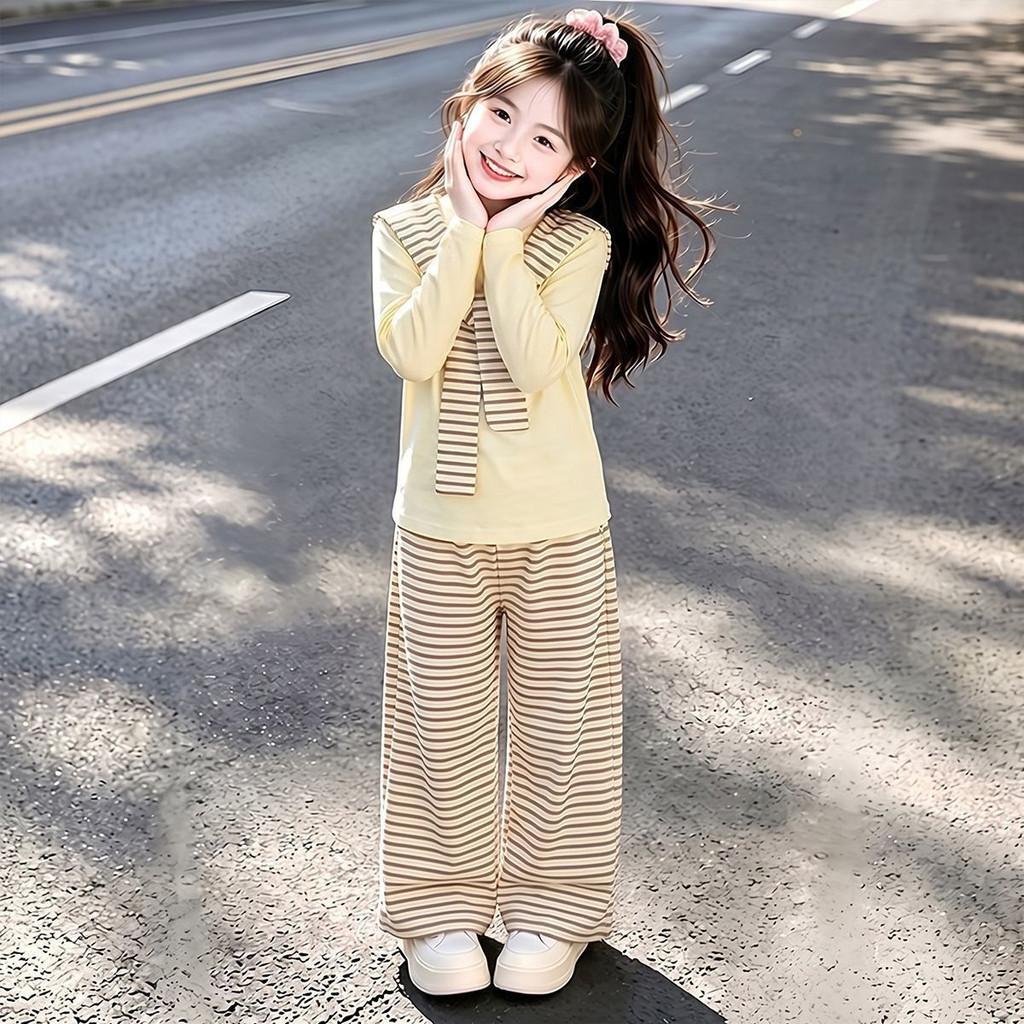 Conjunto De Duas Peças De Camiseta Xale Listrado De Outono Para Meninas E Calças De Perna Reta , Novo Estilo 2026 ,