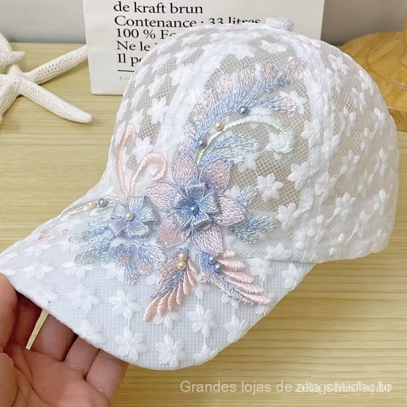 Chapéu de sol feminino, chapéu de renda fina, boné com flores bordadas 2H2P, chapéu de sol feminino, chapéu de renda fin