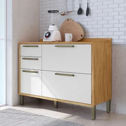 Balcão de Cozinha 120cm com 2 Portas Basculantes 3 Gavetas e Tampo 100% MDF Vicenza Espresso Móveis Branco/Amêndoa