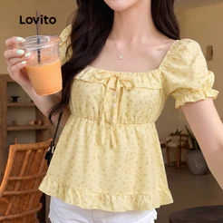 Lovito Casual Blusa Amarração Frontal Babado Bainha De Primavera/verão Amarela Para Mulheres BLB203TD088