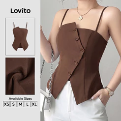 Lovito Blusa Feminino Casual Sem Mangas Com Ombros À Mostra E Botões Para O Dia a Dia Clássica E Versátil Para Primavera/verão Fins De Semana E Trabalho Cor Marrom Estilo Retrô Dos Anos 90 TKB201P1D588