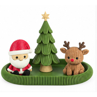Kit Decoração de Natal 4 Peças Árvore Papai Noel Rena e Bandeja Enfeite de Mesa Natalino Textura Tricô Impressão 3D