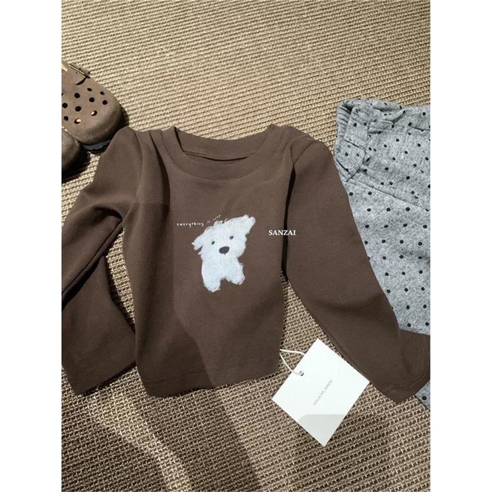 Crianças camiseta de manga comprida primavera outono roupas infantis meninas dos desenhos animados urso impressão marrom
